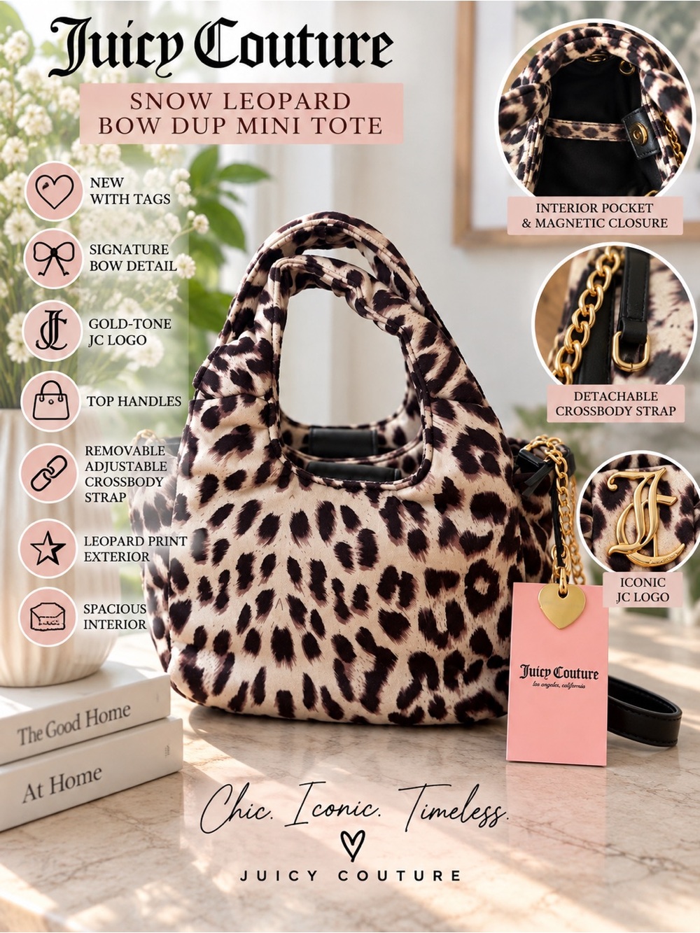 Juicy Couture Snow Leopard Bow Dup Mini Tote Crossbody Bag NWT - Picture 8 of 8